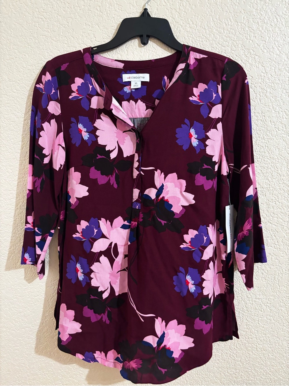 3x$25 Liz Claiborne Burgundy Floral V-Neck Blouse with Pink & Purple Blooms